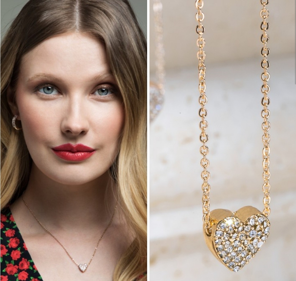 Dainty pave rhinestone heart charm necklace with bonus earrings in rose … - Picture 1 of 6